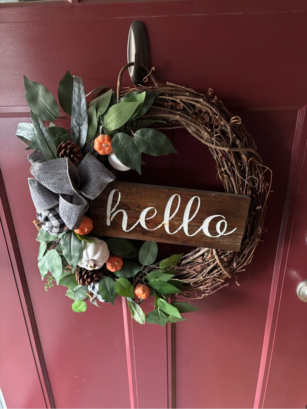 Welcome Grapevine Wreath with Green Leaves and Orange Accents